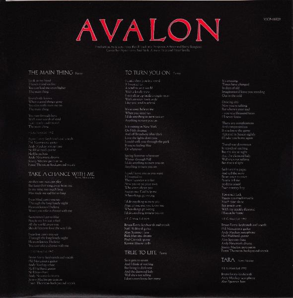 inner sleeve back, Roxy Music - Avalon